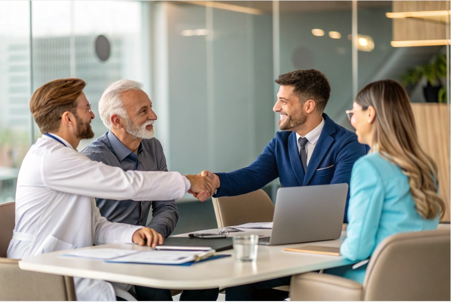 A professional business meeting between a medical device manufacturer and a healthcare professional, sealing a partnership with a handshake in a corporate office.