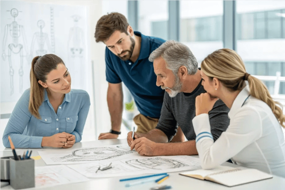 A team of engineers and medical device experts collaborating on orthopedic implant design, analyzing technical blueprints and anatomical diagrams in a modern office setting.