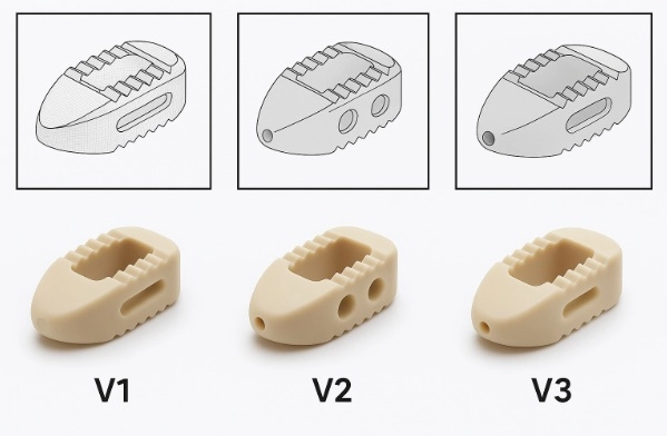 Comparison of three PEEK spinal implant designs (V1, V2, V3) with matching line drawings and 3D models; V1 model corrected to have a solid front end.