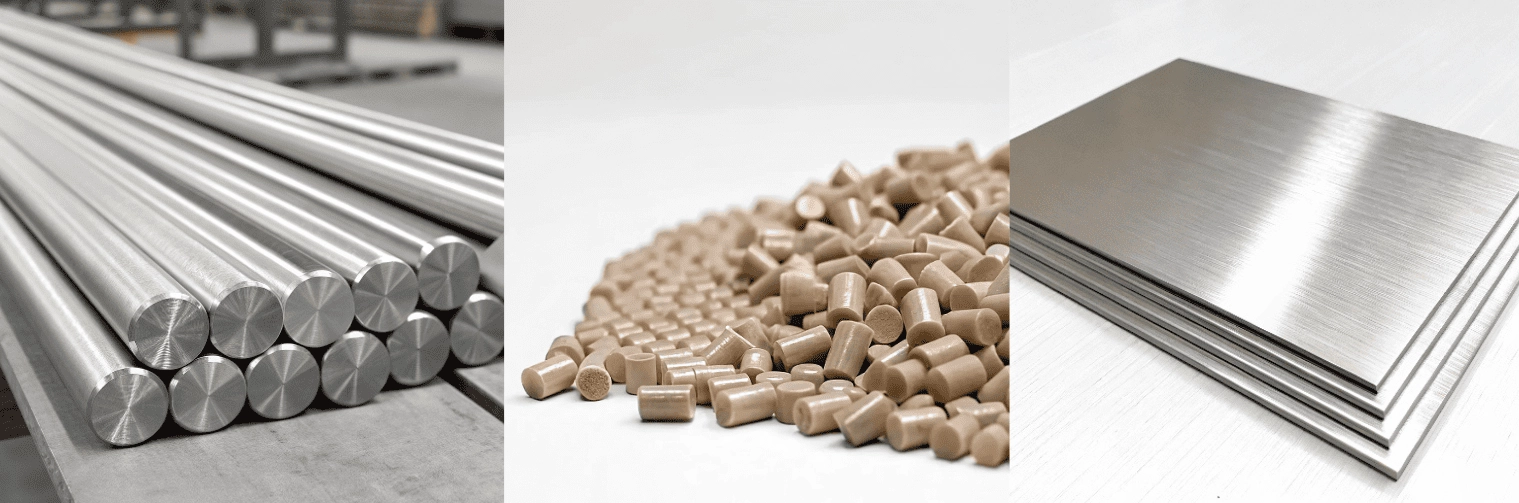Three materials in orthopedic implants : 1. Titanium Alloy (Ti-6Al-4V) 2. Polyether Ether Ketone (PEEK) 3. Stainless Steel (316L)