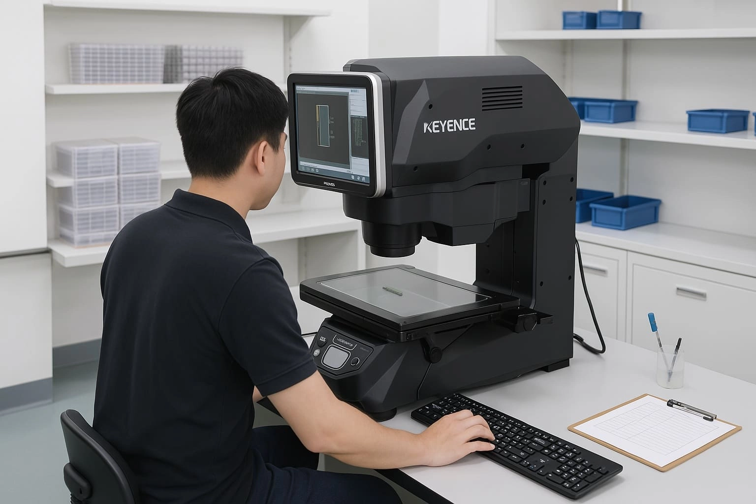 Operator using a KEYENCE digital microscope in a laboratory for precision inspection. High-resolution imaging technology ensures accurate measurement and quality control in industrial manufacturing. Ideal for OEM medical device and orthopedic implant inspection.